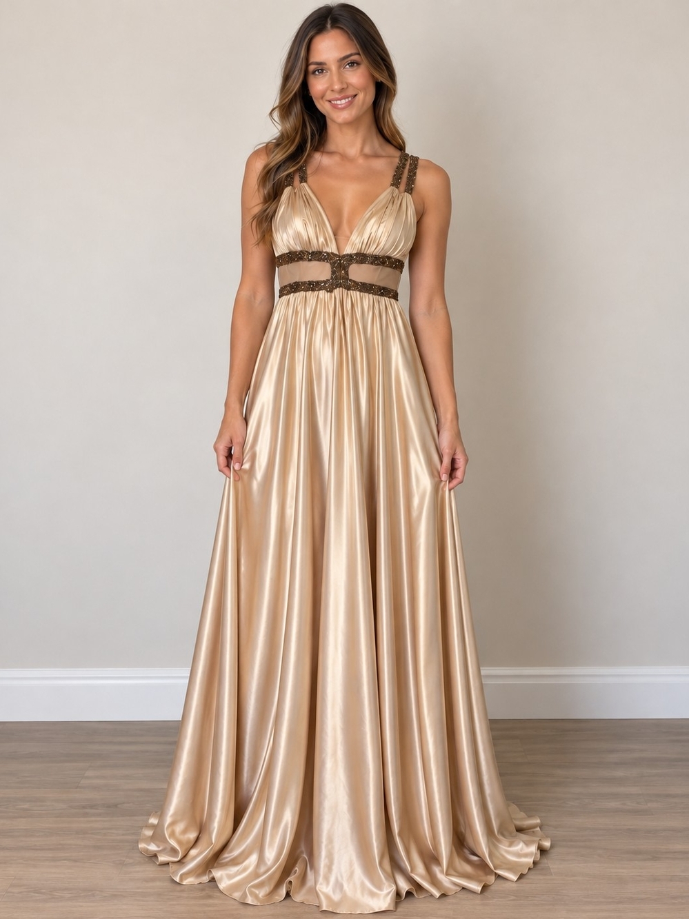 Champagne Satin Beaded Open Back Formal Evening Gown